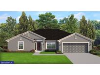 Charming one-story home with a gray exterior, attached two-car garage, well-kept lawn, and a lush tree-lined backyard at 15712 Aldama Cir, Port Charlotte, FL 33981
