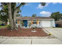 Charming single-story home features a well-manicured lawn, bright shutters and a vibrant blue front door at 3612 Patina Dr, Tampa, FL 33619