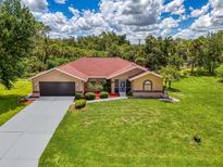 Charming single-story home boasts a well-manicured lawn, beautiful landscaping, and a screened front entry at 510 Border St, Port Charlotte, FL 33953