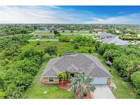 Aerial view of single-Gathering home with pool and large backyard, located in a residential neighborhood at 14143 Saul Ln, Port Charlotte, FL 33981