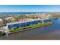 Aerial view of a waterfront condo building with surrounding lush greenery and docks at 1401 S Mccall Rd # A 305, Englewood, FL 34223