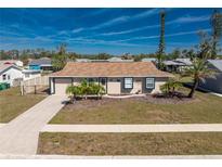 Charming home with manicured lawn, small palms, and a driveway leading to an attached garage at 13532 Romford Ave, Port Charlotte, FL 33981