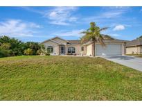 Charming single-story home with a well-manicured lawn and a mature palm tree in the front yard at 7151 Cork Ln, Englewood, FL 34224
