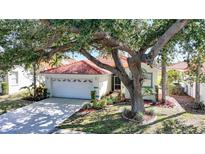 Charming single-story home with a red tile roof, lush landscaping, and a two car garage at 4308 Summertree Rd, Venice, FL 34293