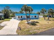 Charming coastal home featuring a blue roof, palm trees, and a well-maintained lawn at 1167 Delmar St, Englewood, FL 34224