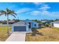Exterior elevation of a one-story light blue home featuring a two-car garage, palm tree, and a well-manicured lawn at 12359 Deepwoods Ave, Port Charlotte, FL 33981