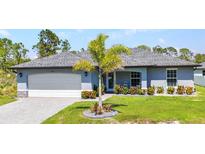 Charming single-story home featuring a well-manicured lawn, palm tree, and attached two-car garage at 2678 Alva St, North Port, FL 34291