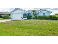 Charming blue single-story home featuring a well-manicured lawn and tropical landscaping at 15 Bunker Pl, Rotonda West, FL 33947