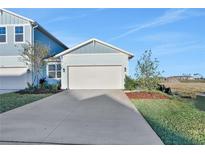 Light blue two-story house with a white garage door and landscaping at 9136 Gulf Haven Dr, Parrish, FL 34219