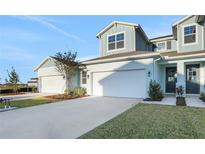 Two-story townhome with light blue exterior, two-car garage, and landscaped front yard at 9144 Gulf Haven Dr, Parrish, FL 34219