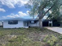 Single story home exterior with gray paint, black shutters, and large tree in the front yard at 10228 Amadeus Dr, Port Richey, FL 34668
