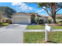 Tan house with a two-car garage and landscaped yard at 9313 Hidden Water Cir, Riverview, FL 33578