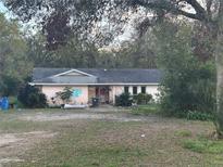 A single-story home with a light pink exterior, dark roof, front yard, and surrounding greenery at 3133 Washington Rd, Valrico, FL 33594