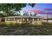 Charming single-story home featuring a painted brick facade, covered porch, and a well-maintained front yard with mature trees at 4910 Thonotosassa Rd, Plant City, FL 33565