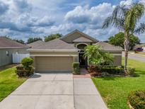 Charming single-story home featuring a 2-car garage, well-manicured lawn, and a beautiful palm tree in the front yard at 3419 Trapnell Ridge Dr, Plant City, FL 33567