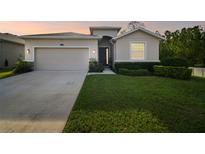 Charming single-story home featuring a two-car garage, manicured lawn, and inviting front entrance at 15354 Sweet Springs Bnd, Odessa, FL 33556