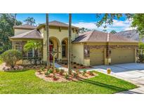 Beautiful home featuring a three-car garage, arched entryway, red door and lush landscaping at 3620 Cordgrass Dr, Valrico, FL 33596