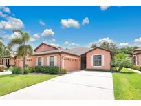 Charming one-story home with a well-manicured lawn, concrete driveway, tile roof and tropical landscaping at 163 Shell Falls Dr, Apollo Beach, FL 33572