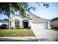 Charming single-story home with a well-maintained lawn and a two-car garage at 11567 Misty Isle Ln, Riverview, FL 33579