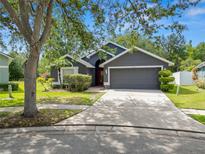 Charming single-story home with gray paint, manicured lawn, and a spacious two-car garage at 16804 Hawkridge Rd, Lithia, FL 33547