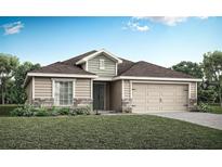 Charming single-story home with neutral siding, stone accents, well-kept lawn, and an attached two-car garage at 35494 Coventry Fields Loop, Zephyrhills, FL 33541