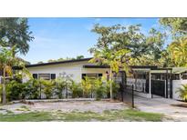 Charming single-story home featuring a modern design, black accents, and a well-manicured front yard with lush palms at 308 E Hollywood St, Tampa, FL 33604