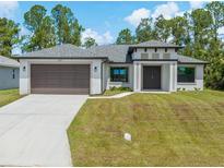 Beautiful single-story home featuring a two-car garage and modern architectural details, surrounded by a lush green lawn at 3157 Bay City Ter, North Port, FL 34286