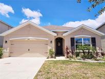 Tan house with dark brown shutters, landscaping, and a two-car garage at 12021 Gillingham Harbor Ln, Gibsonton, FL 33534