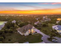 Stunning aerial view of a luxurious home nestled in a lush landscape, set against a breathtaking sunset backdrop at 2091 Marlin Way, Englewood, FL 34224