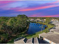 Scenic aerial view of community homes surrounding a serene lake under a colorful sky at sunset at 1586 Monarch Dr # 1586, Venice, FL 34293