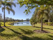 Scenic lake view featuring lush greenery and palm trees creating a tranquil, park-like setting at 5733 Semolino St, Nokomis, FL 34275