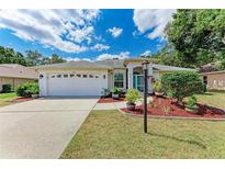 Charming single-story home featuring a well-maintained lawn, two-car garage, and beautiful landscaping at 5766 Stone Pointe Dr, Sarasota, FL 34233