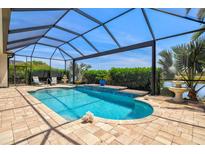 Screened-in pool with beautiful water features and lush landscaping provides privacy and enjoyment at 20126 Elegante Ct, Venice, FL 34293