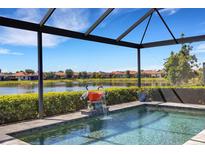 Screened-in pool with water feature and serene lake views, creating a private oasis at 19337 Cruise Dr, Venice, FL 34292