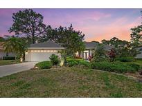 Charming single-story home with well-manicured landscaping and a tile roof at sunset at 2092 Timucua Trl, Nokomis, FL 34275