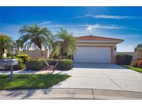 Charming home showcasing a well-manicured lawn, mature palm trees, and a pristine two-car garage at 102 Mestre Pl, North Venice, FL 34275