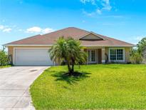 Charming single-story home boasts a lush lawn, a mature palm tree, and a two-car garage at 6199 Stamp St, Port Charlotte, FL 33981