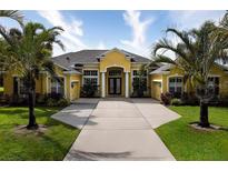 Inviting single-story home with a sunny yellow facade, lush palm trees, and an expansive driveway at 8209 Snowy Egret Pl, Bradenton, FL 34202