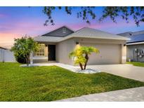 Charming single-story home featuring a well-manicured lawn, lovely landscaping, and a two-car garage at 711 Brenton Leaf Dr, Ruskin, FL 33570