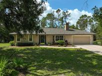 Charming single-story home with well-manicured front lawn, landscaping, and a two car garage at 3199 Elkrem Ave, North Port, FL 34286