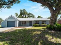 Charming single-story home with a light blue exterior and well-maintained front lawn at 4688 Maraldo Ave, North Port, FL 34287