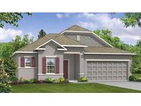 One-story home with gray siding, red shutters, and a two-car garage at 25134 Doredo Dr, Punta Gorda, FL 33955