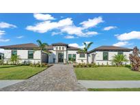 Beautiful single-story home featuring a brick driveway, manicured lawn, and decorative palm trees, all under a clear blue sky at 1529 Rio Vista Ter, Parrish, FL 34219