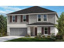 Two-story house with gray siding, dark brown shutters, and a three-car garage at 37457 Mackenzie Dr, Zephyrhills, FL 33540