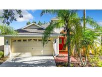 One-story home with a red door, attached garage, and palm trees at 423 Durham Shore Ct, Apollo Beach, FL 33572