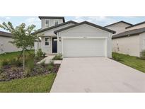 Charming two-story home featuring a light gray exterior, well-maintained landscaping, and a spacious two-car garage at 14033 Crutchfield Ct, Parrish, FL 34219