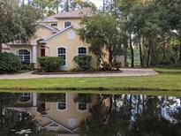 Charming two-story home featuring a perfectly manicured lawn and is perfectly reflected in a pond at 23713 Acorn Hill Dr, Lutz, FL 33559