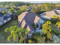 Stunning aerial view of a single-Gathering home featuring a well-manicured lawn, lush landscaping, and mature trees at 11909 Mandevilla Ct, Tampa, FL 33626
