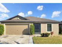 Tan one-story house with a two-car garage and landscaping at 922 Wynnmere Walk Ave, Ruskin, FL 33570