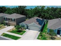 This home features a paved driveway, a two car garage, solar panels, and a lush green yard at 7729 Rosewood Garden Loop, Tampa, FL 33637